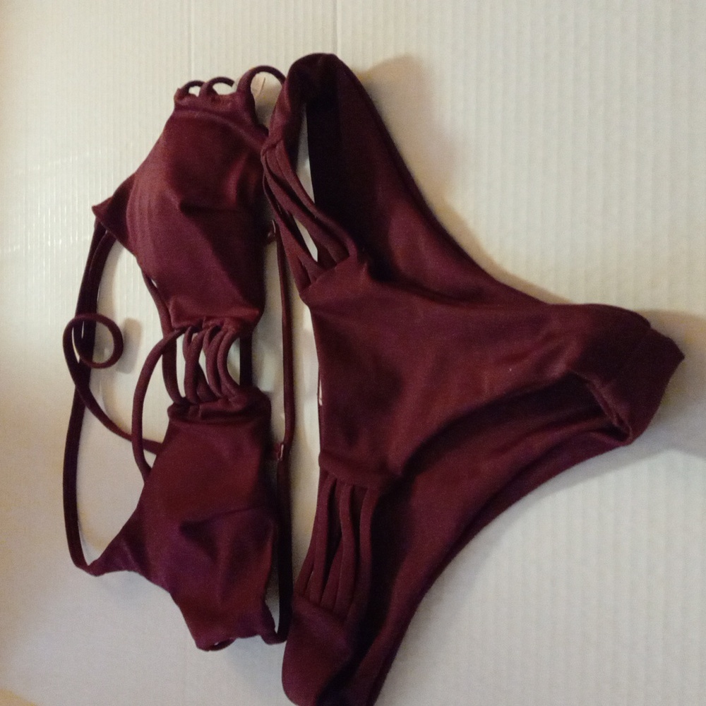 2-Piece Burgundy Strappy Back Bikini Swimsuit Size S NWOT